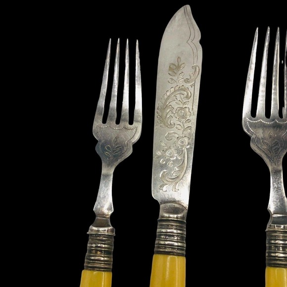 FB Rogers FISH Fork Knife SET English Silverplate Celluloid Handles EPNS - Picture 7 of 8